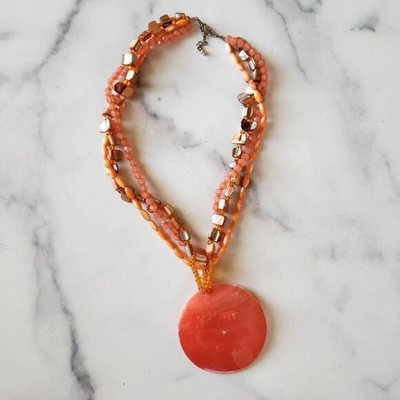 Orange bead necklace coral beach y2k 3 strand large circle pendant sun tropical - Picture 2 of 5